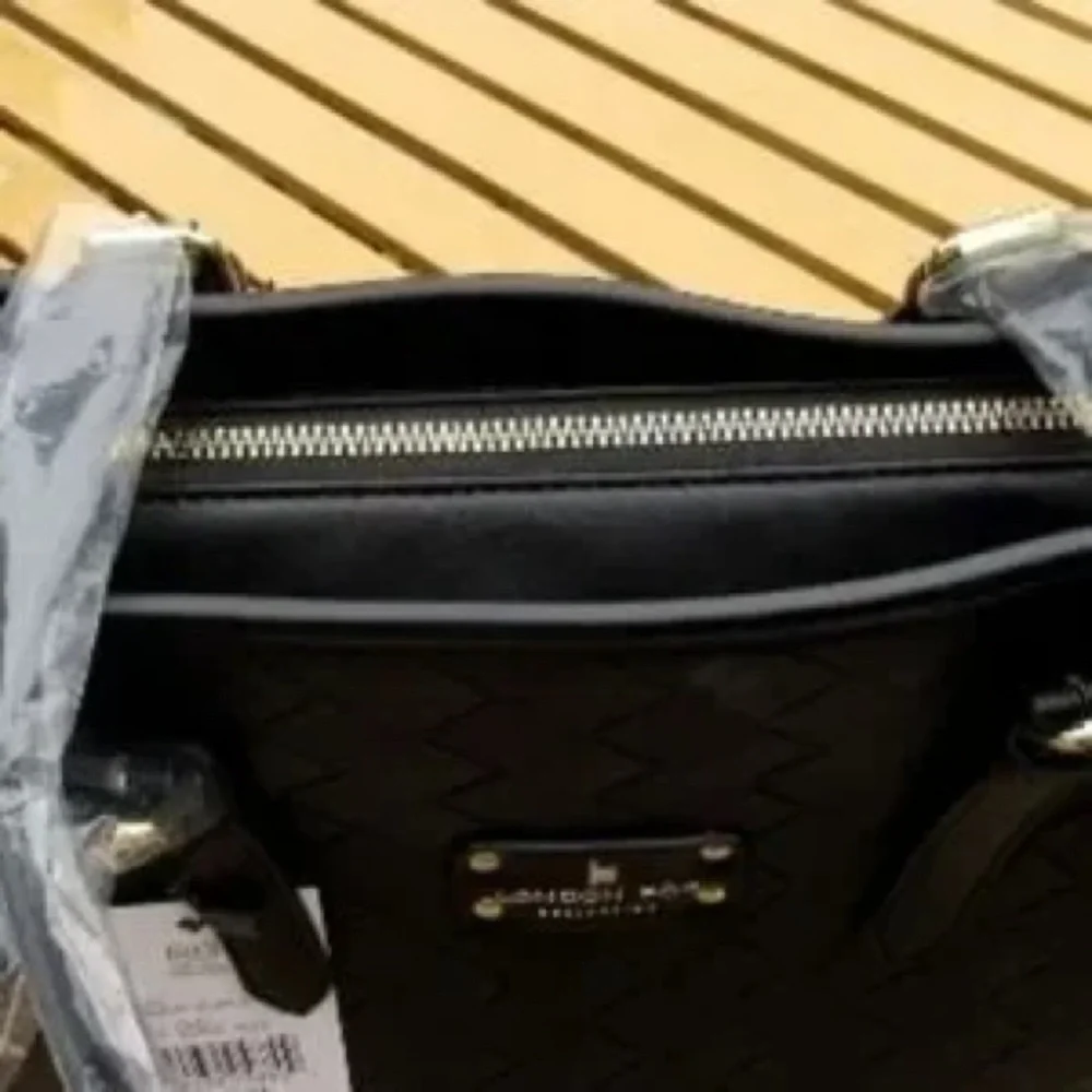 NWT London Fog “Kylar” Woven Black Vegan Leather Handbag Tote Purse
